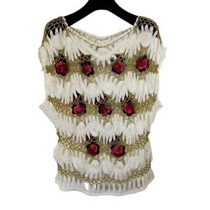 NWT! VINTAGE 60's DK FASHION Women's Crochet Floral Blouse Gold Detailing MISSY